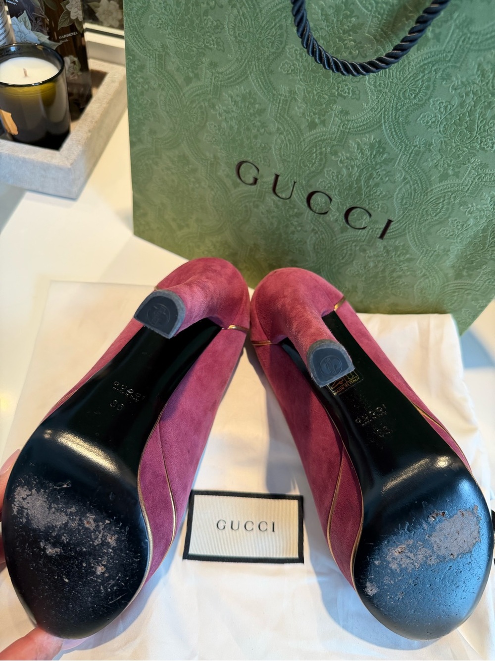 Gucci Purple Suede Peep-Toe Platform Pumps with Gold Piping - Picture 12 of 12